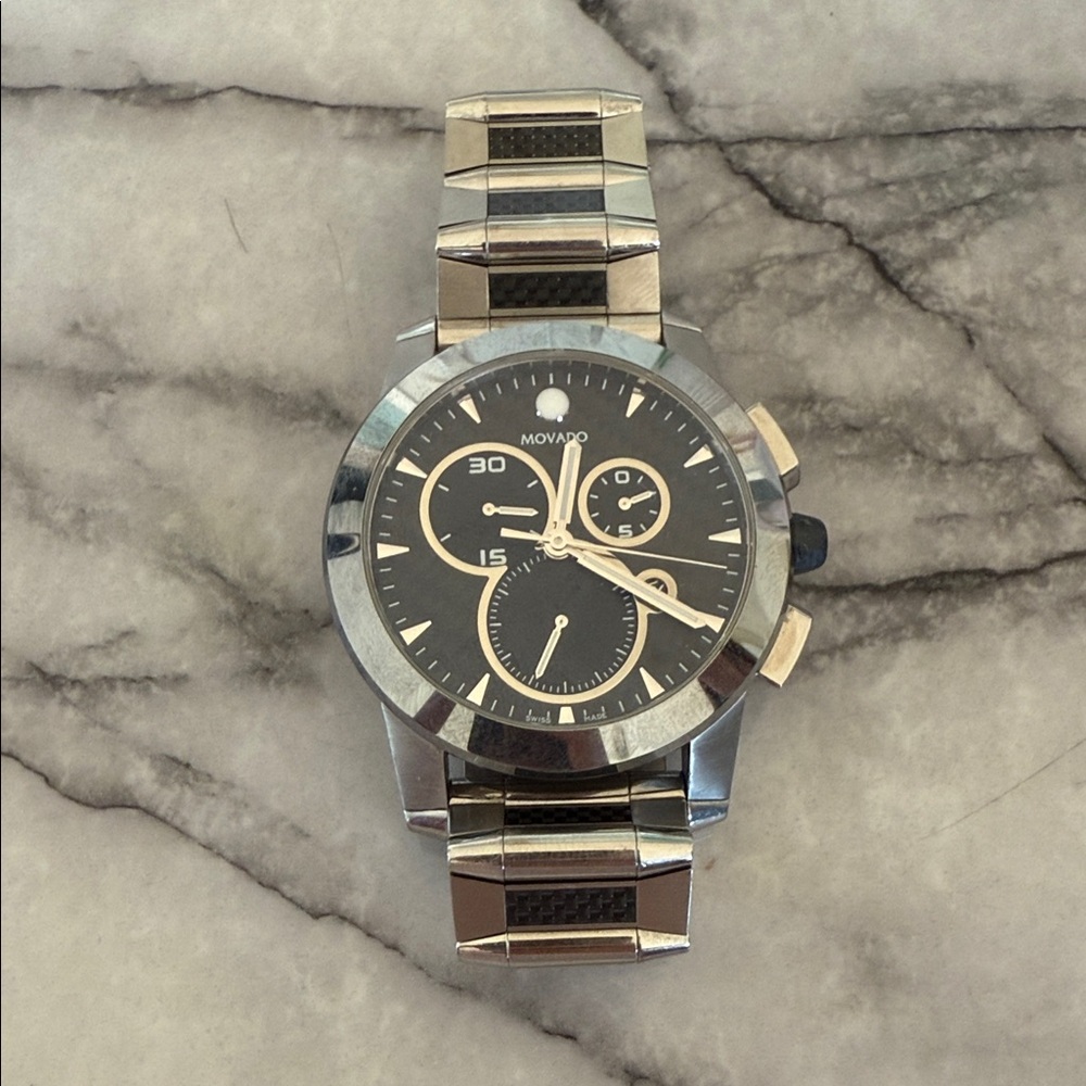 Movado Black and Silver Chronograph Watch